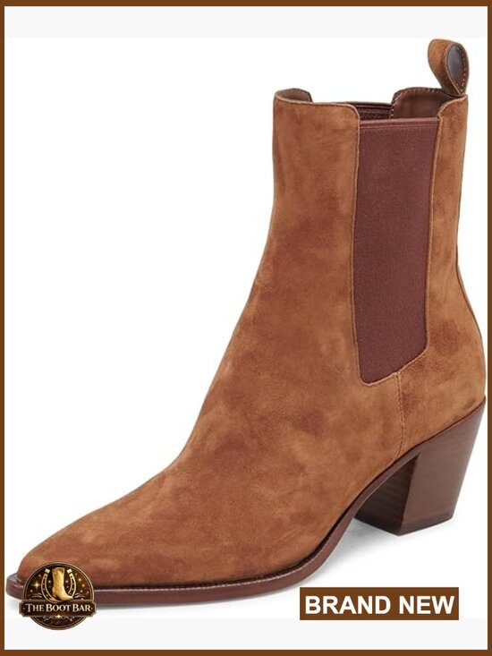 Shoes - Waterproof Suede Ankle Booties with Block Heel - Pointed Toe Pull-On
